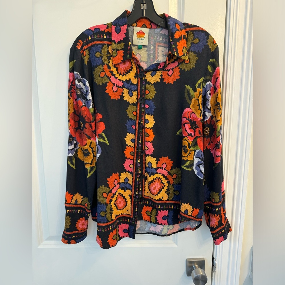 Farm Rio black flowers tapestry shirt